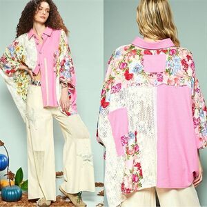 POL Pink Oversize Top Crochet Boho Lace Patchwork Contrast Size MEDIUM NEW